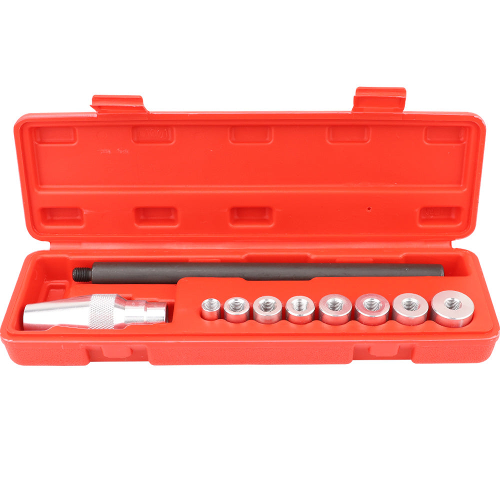 10-piece clutch alignment tool set for cars, includes metal adaptors and alignment shaft in red storage case for mechanics and workshops