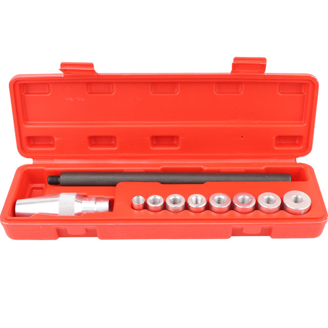 10-piece clutch alignment tool set for cars, includes metal adaptors and alignment shaft in red storage case for mechanics and workshops