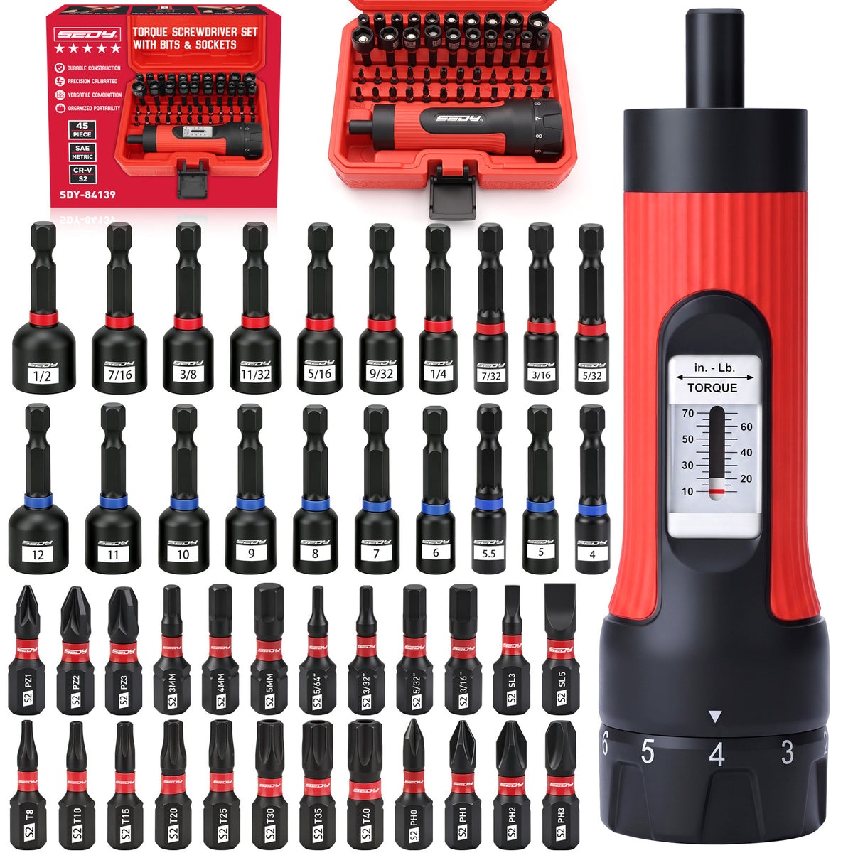 45-piece adjustable torque screwdriver set with 10-70 in-lb scale, 1/4-inch magnetic bit holder, 24 S2 bits and 20 SAE and metric nut drivers