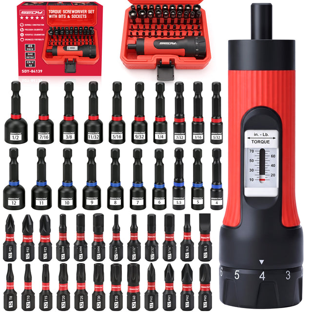 45-piece adjustable torque screwdriver set with 10-70 in-lb scale, 1/4-inch magnetic bit holder, 24 S2 bits and 20 SAE and metric nut drivers