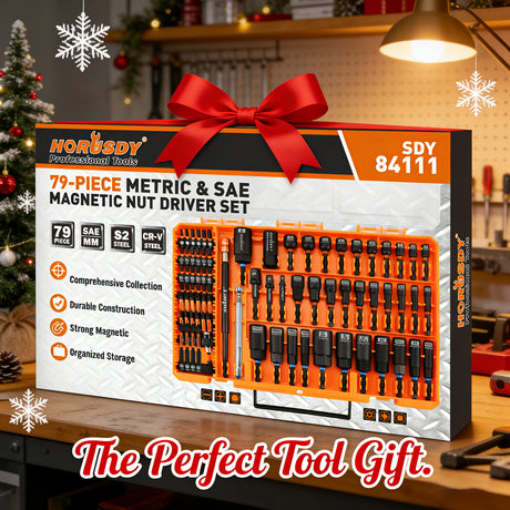 79-piece magnetic nut driver set with metric and SAE sockets, S2 screwdriver bits, CR-V steel sockets, bit extension and portable case