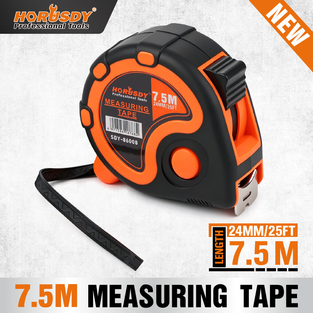 25FT 7.5M self-locking measuring tape with dual scale, belt clip, wrist strap, carbon steel blade and ABS rubber case