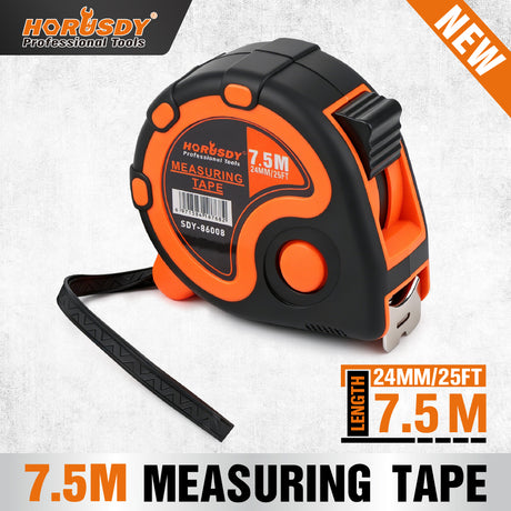 25FT 7.5M self-locking measuring tape with dual scale, belt clip, wrist strap, carbon steel blade and ABS rubber case