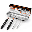5-piece telescoping magnetic pickup tool set with 1.5 lb, 3 lb, 10 lb and 15 lb magnet tools, pocket clips, padded handles and large stainless steel magnetic parts tray for screws, bolts and auto repair