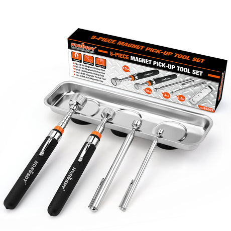 5-piece telescoping magnetic pickup tool set with 1.5 lb, 3 lb, 10 lb and 15 lb magnet tools, pocket clips, padded handles and large stainless steel magnetic parts tray for screws, bolts and auto repair