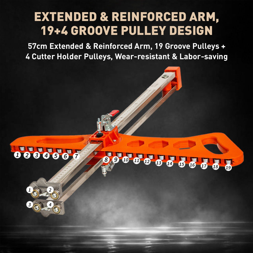 Orange 23-pulley drywall cutter tool with laser scale ruler, foldable arm, adjustable positioner and aluminum alloy cutter holder for cutting gypsum board and plasterboard