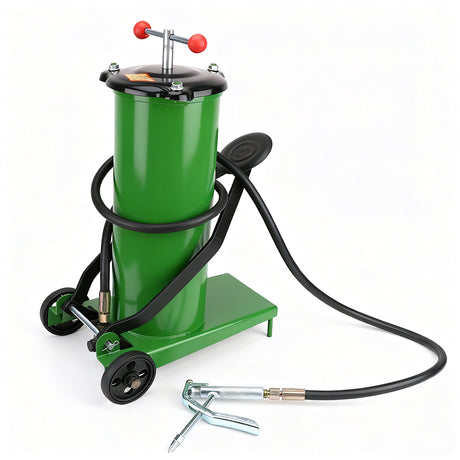 8L green foot-operated grease injector with reinforced hose and metal grease nozzle