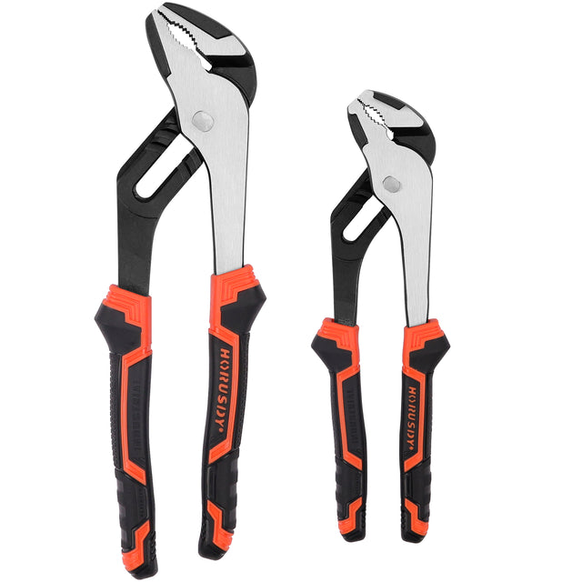 2-piece set of Groove Joint Pliers featuring 8-inch and 10-inch sizes with non-slip heavy-duty grip.