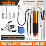 18-piece pistol grip grease gun kit with 8000 PSI pressure, flexible hose, lock coupler and multiple grease fittings