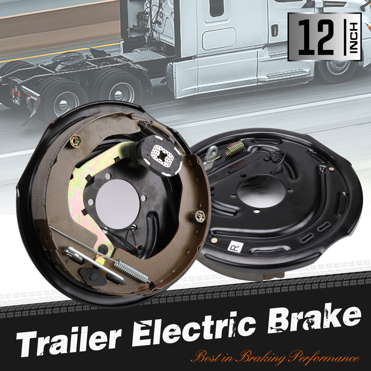 2-piece 12 inch trailer electric brake assembly with backing plate, brake shoes, electro-magnet, hand brake lever, adjuster screw and mounting holes