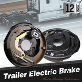 2-piece 12 inch trailer electric brake assembly with backing plate, brake shoes, electro-magnet, hand brake lever, adjuster screw and mounting holes
