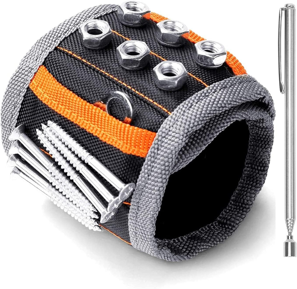 Magnetic Tool Wristband with Adjustable Strap, Screw and Nail Holder Pockets, and Telescopic Magnetic Pickup Tool for DIY Repairs