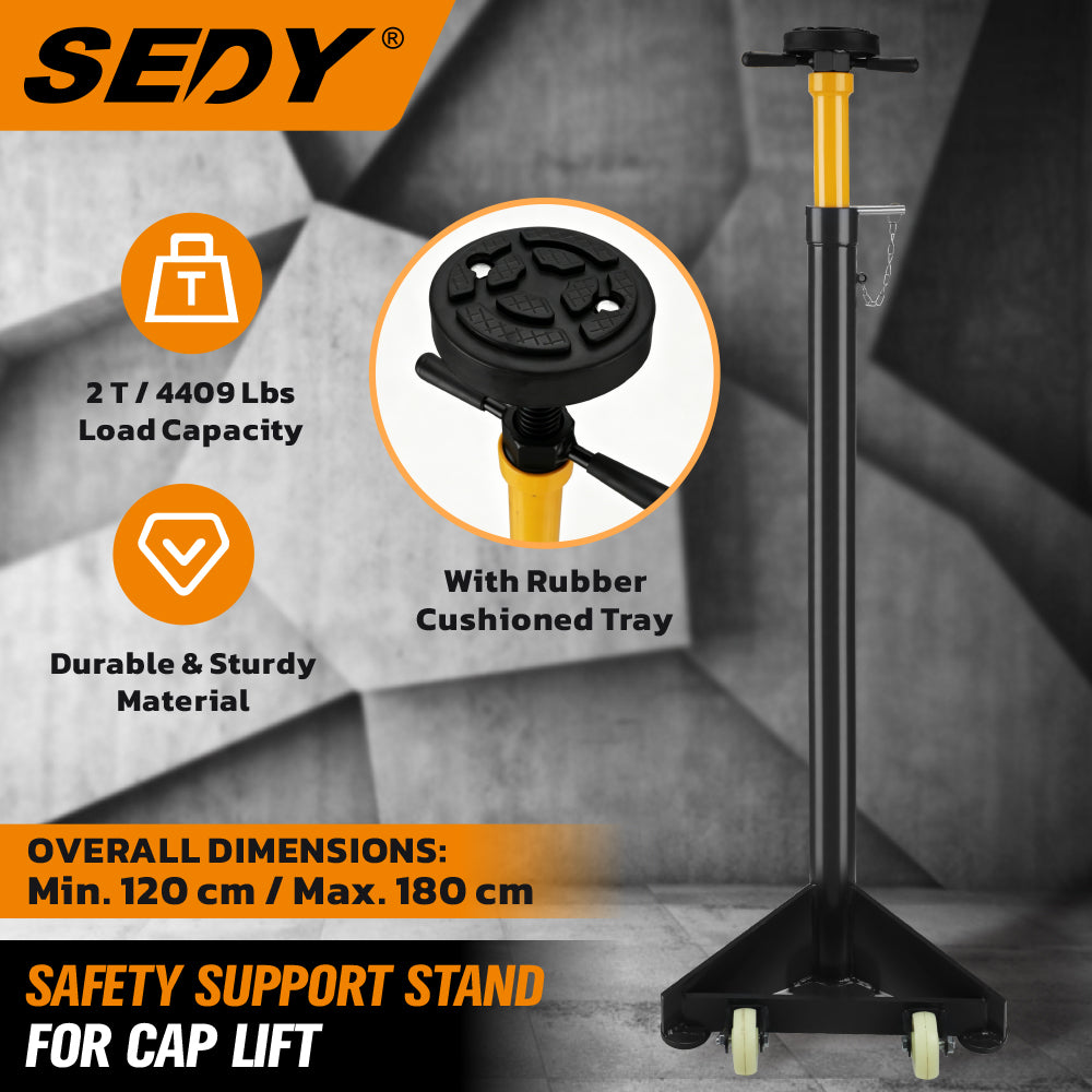 2 ton adjustable under hoist safety support stand with rubber cushioned tray, rotating handle, steel base and nylon wheels