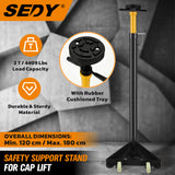 2 ton adjustable under hoist safety support stand with rubber cushioned tray, rotating handle, steel base and nylon wheels