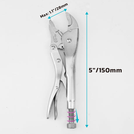 Curved jaw locking pliers in 5 inch and 10 inch options with drop forged CR-MO steel construction, adjustable tension screw, serrated jaws and quick release handle for clamping, gripping, tightening and holding metal, wood, pipe and workshop materials