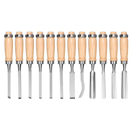 12 piece wood carving chisel set with hardwood handles carbon steel blades and roll up carrying case