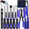 17-piece automotive trim removal and pick tool set with blue nylon pry tools, heat-treated steel hooks, clip removal pliers, ergonomic handles, roll-up pouch and extendable LED magnetic pickup tool for car panels, clips, seals, O-rings and small metal parts