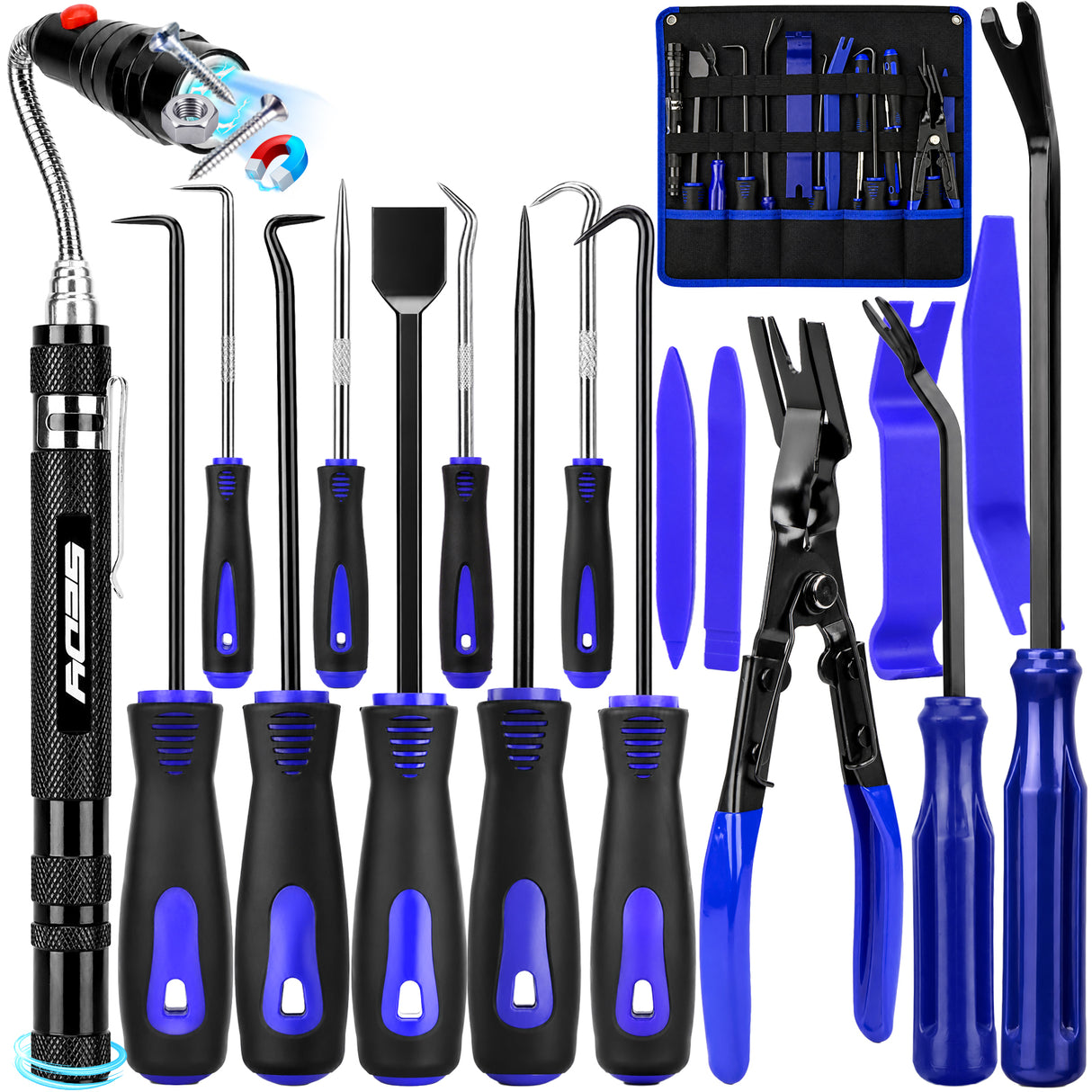 17-piece automotive trim removal and pick tool set with blue nylon pry tools, heat-treated steel hooks, clip removal pliers, ergonomic handles, roll-up pouch and extendable LED magnetic pickup tool for car panels, clips, seals, O-rings and small metal parts