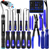 17-piece automotive trim removal and pick tool set with blue nylon pry tools, heat-treated steel hooks, clip removal pliers, ergonomic handles, roll-up pouch and extendable LED magnetic pickup tool for car panels, clips, seals, O-rings and small metal parts