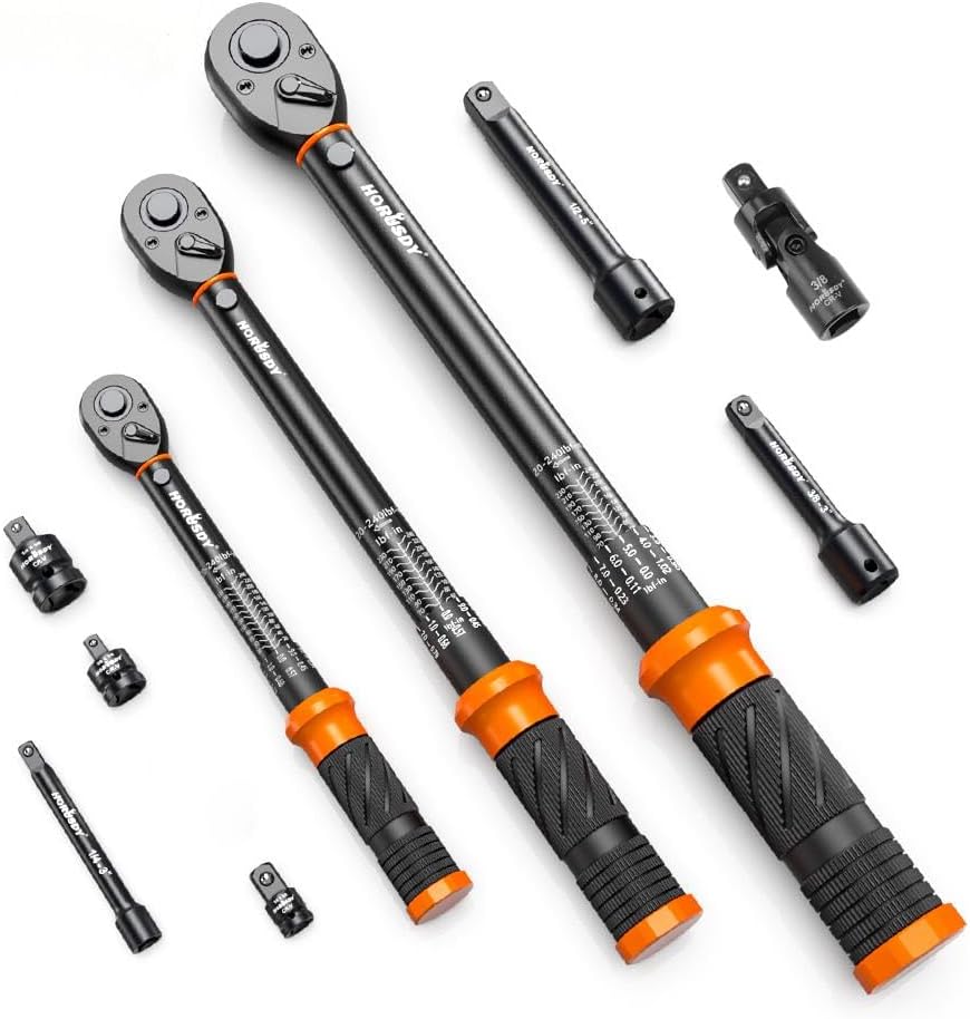 HORUSDY 3-piece click torque wrench set with 1/4, 3/8, and 1/2 inch drives, extensions, and storage case – dual scale design for accurate torque control.