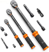 HORUSDY 3-piece click torque wrench set with 1/4, 3/8, and 1/2 inch drives, extensions, and storage case – dual scale design for accurate torque control.
