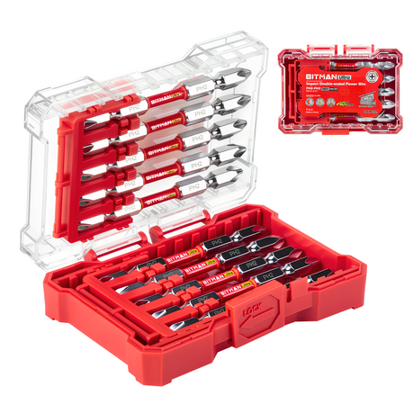 10-piece double-ended PH2 impact power bit set featuring magnetic S2 steel bits with dual torsion zones, HRC63 hardness, anti-cam-out design and storage case, available in 2.5 inch, 3.2 inch and 4.5 inch lengths for impact drivers and drills.