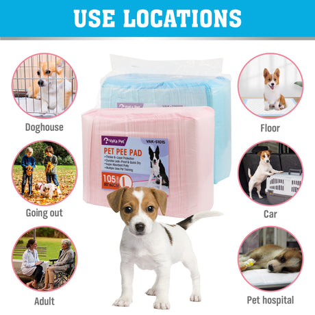 VaKa Pet disposable puppy pee pads, 60 x 60cm, 6-layer absorbent leakproof dog training pads in pink or blue, 105 or 210 count