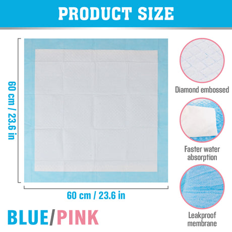 VaKa Pet disposable puppy pee pads, 60 x 60cm, 6-layer absorbent leakproof dog training pads in pink or blue, 105 or 210 count