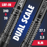 1/4 inch drive click torque wrench with 20-240 in-lb and 2.3-27.1 Nm range, 72-tooth reversible ratchet, 3-inch extension bar, 1/4 to 3/8 drive adapter, storage case and calibration certificate