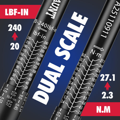 1/4 inch drive click torque wrench with 20-240 in-lb and 2.3-27.1 Nm range, 72-tooth reversible ratchet, 3-inch extension bar, 1/4 to 3/8 drive adapter, storage case and calibration certificate