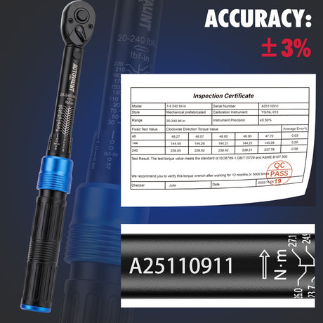 1/4 inch drive click torque wrench with 20-240 in-lb and 2.3-27.1 Nm range, 72-tooth reversible ratchet, 3-inch extension bar, 1/4 to 3/8 drive adapter, storage case and calibration certificate