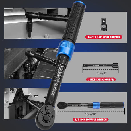 1/4 inch drive click torque wrench with 20-240 in-lb and 2.3-27.1 Nm range, 72-tooth reversible ratchet, 3-inch extension bar, 1/4 to 3/8 drive adapter, storage case and calibration certificate