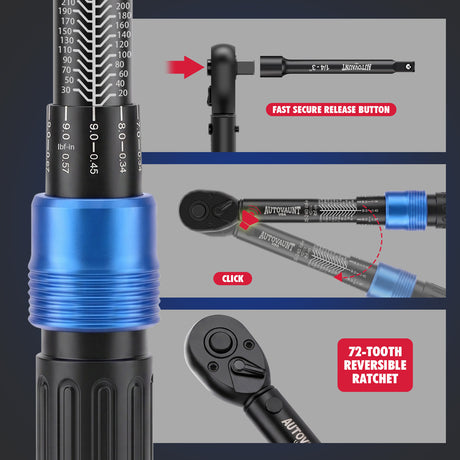 1/4 inch drive click torque wrench with 20-240 in-lb and 2.3-27.1 Nm range, 72-tooth reversible ratchet, 3-inch extension bar, 1/4 to 3/8 drive adapter, storage case and calibration certificate