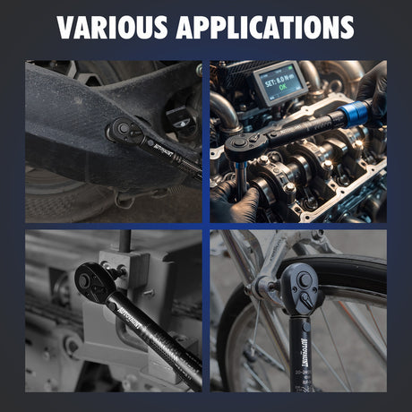 1/4 inch drive click torque wrench with 20-240 in-lb and 2.3-27.1 Nm range, 72-tooth reversible ratchet, 3-inch extension bar, 1/4 to 3/8 drive adapter, storage case and calibration certificate