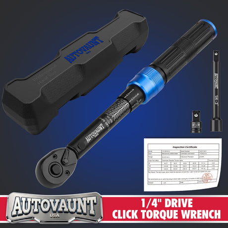 1/4 inch drive click torque wrench with 20-240 in-lb and 2.3-27.1 Nm range, 72-tooth reversible ratchet, 3-inch extension bar, 1/4 to 3/8 drive adapter, storage case and calibration certificate