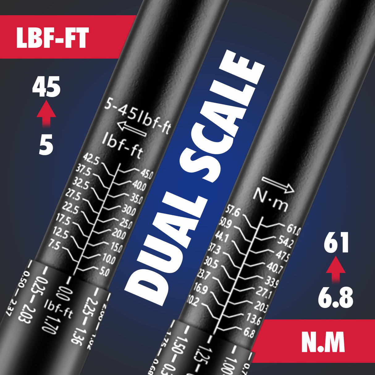 3/8 inch drive click torque wrench with 5-45 ft-lb and 6.8-61 Nm dual scale, 72-tooth reversible ratchet, 3-inch extension bar, 3/8 to 1/4 and 3/8 to 1/2 adapters, storage case and inspection certificate