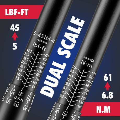 3/8 inch drive click torque wrench with 5-45 ft-lb and 6.8-61 Nm dual scale, 72-tooth reversible ratchet, 3-inch extension bar, 3/8 to 1/4 and 3/8 to 1/2 adapters, storage case and inspection certificate