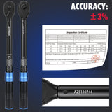 3/8 inch drive click torque wrench with 5-45 ft-lb and 6.8-61 Nm dual scale, 72-tooth reversible ratchet, 3-inch extension bar, 3/8 to 1/4 and 3/8 to 1/2 adapters, storage case and inspection certificate