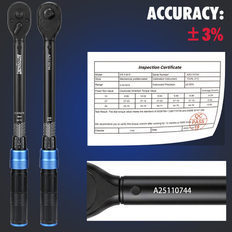 3/8 inch drive click torque wrench with 5-45 ft-lb and 6.8-61 Nm dual scale, 72-tooth reversible ratchet, 3-inch extension bar, 3/8 to 1/4 and 3/8 to 1/2 adapters, storage case and inspection certificate
