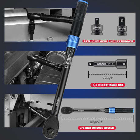 3/8 inch drive click torque wrench with 5-45 ft-lb and 6.8-61 Nm dual scale, 72-tooth reversible ratchet, 3-inch extension bar, 3/8 to 1/4 and 3/8 to 1/2 adapters, storage case and inspection certificate
