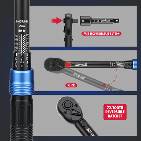 3/8 inch drive click torque wrench with 5-45 ft-lb and 6.8-61 Nm dual scale, 72-tooth reversible ratchet, 3-inch extension bar, 3/8 to 1/4 and 3/8 to 1/2 adapters, storage case and inspection certificate