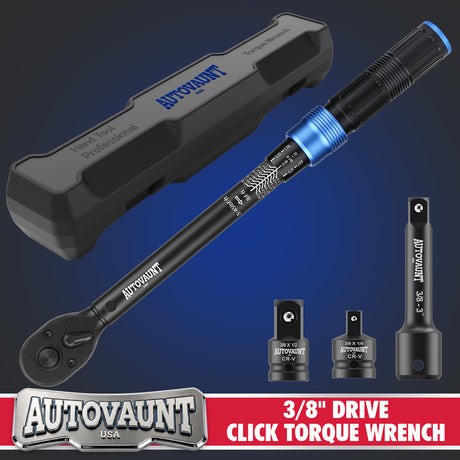 3/8 inch drive click torque wrench with 5-45 ft-lb and 6.8-61 Nm dual scale, 72-tooth reversible ratchet, 3-inch extension bar, 3/8 to 1/4 and 3/8 to 1/2 adapters, storage case and inspection certificate