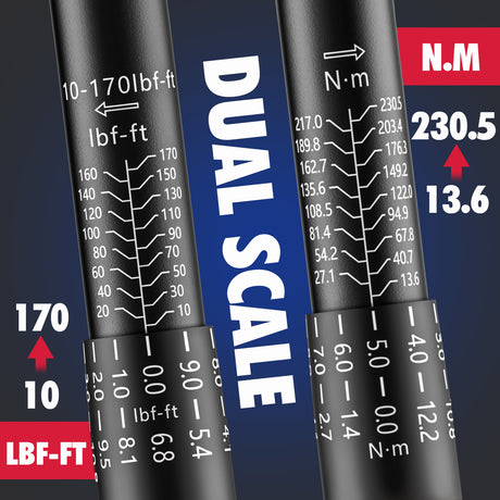 1/2 inch drive click torque wrench with 10-170 ft-lb and 13.6-230.5 Nm dual scale, 72-tooth reversible ratchet, 5-inch extension bar, 1/2 to 3/8 adapter, storage case and inspection certificate for automotive, truck and motorcycle maintenance