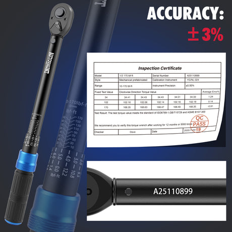 1/2 inch drive click torque wrench with 10-170 ft-lb and 13.6-230.5 Nm dual scale, 72-tooth reversible ratchet, 5-inch extension bar, 1/2 to 3/8 adapter, storage case and inspection certificate for automotive, truck and motorcycle maintenance