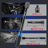 1/2 inch drive click torque wrench with 10-170 ft-lb and 13.6-230.5 Nm dual scale, 72-tooth reversible ratchet, 5-inch extension bar, 1/2 to 3/8 adapter, storage case and inspection certificate for automotive, truck and motorcycle maintenance