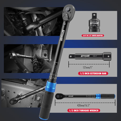 1/2 inch drive click torque wrench with 10-170 ft-lb and 13.6-230.5 Nm dual scale, 72-tooth reversible ratchet, 5-inch extension bar, 1/2 to 3/8 adapter, storage case and inspection certificate for automotive, truck and motorcycle maintenance