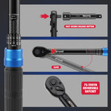1/2 inch drive click torque wrench with 10-170 ft-lb and 13.6-230.5 Nm dual scale, 72-tooth reversible ratchet, 5-inch extension bar, 1/2 to 3/8 adapter, storage case and inspection certificate for automotive, truck and motorcycle maintenance