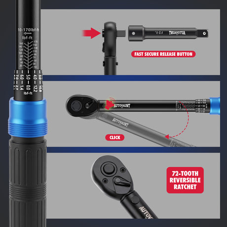 1/2 inch drive click torque wrench with 10-170 ft-lb and 13.6-230.5 Nm dual scale, 72-tooth reversible ratchet, 5-inch extension bar, 1/2 to 3/8 adapter, storage case and inspection certificate for automotive, truck and motorcycle maintenance
