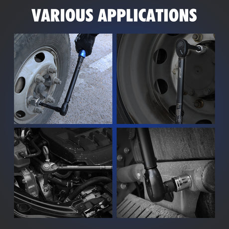 1/2 inch drive click torque wrench with 10-170 ft-lb and 13.6-230.5 Nm dual scale, 72-tooth reversible ratchet, 5-inch extension bar, 1/2 to 3/8 adapter, storage case and inspection certificate for automotive, truck and motorcycle maintenance