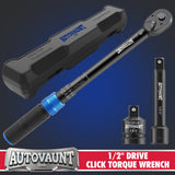 1/2 inch drive click torque wrench with 10-170 ft-lb and 13.6-230.5 Nm dual scale, 72-tooth reversible ratchet, 5-inch extension bar, 1/2 to 3/8 adapter, storage case and inspection certificate for automotive, truck and motorcycle maintenance
